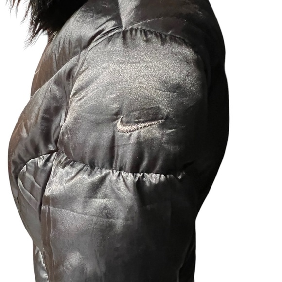 Nike Y2K Duck Down Black & Red Faux Fur Hooded Puffer Long Coat ~ Size M - Picture 3 of 9
